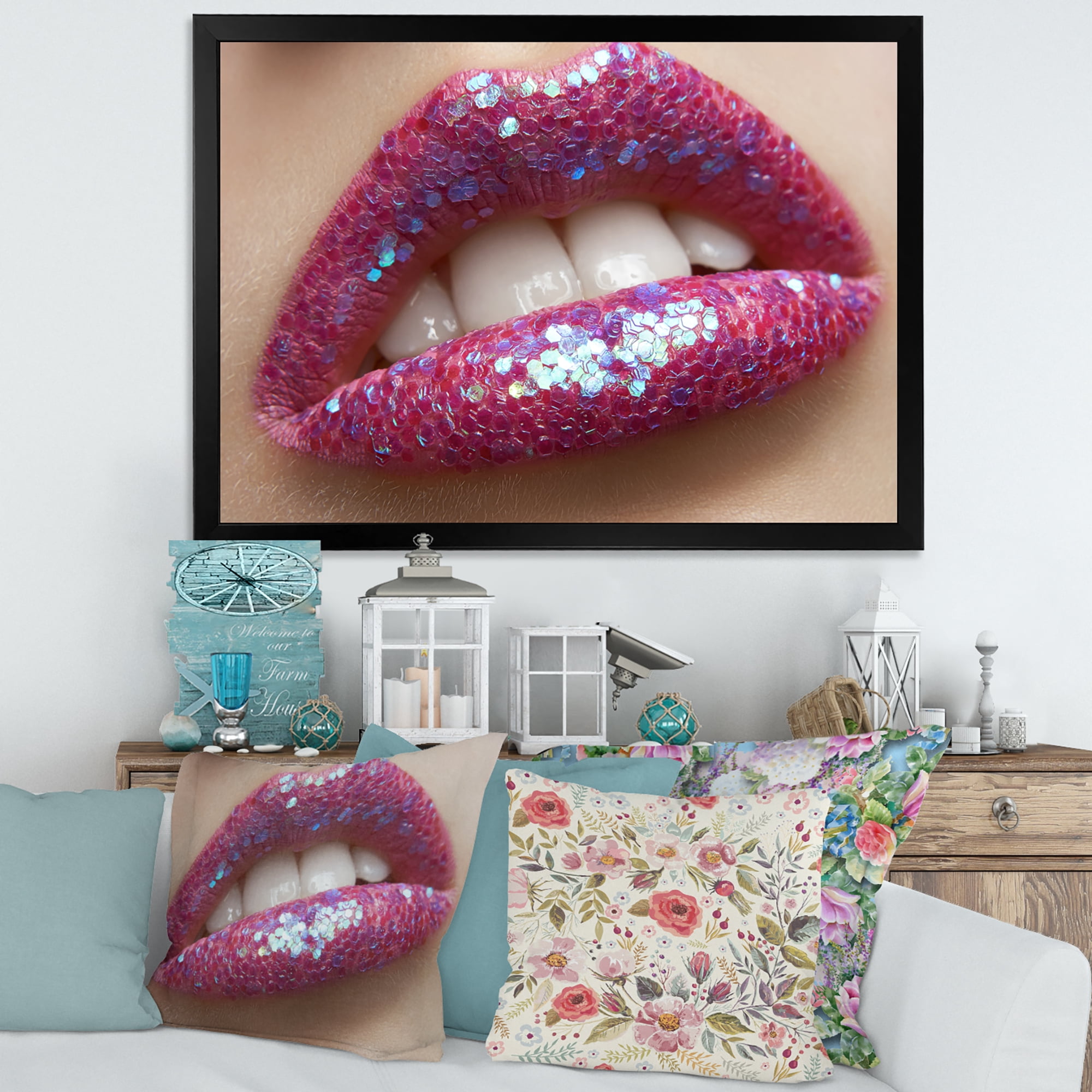 Designart 'Girl Lips Pink Lipstick and Sequins' Modern Framed Art Print
