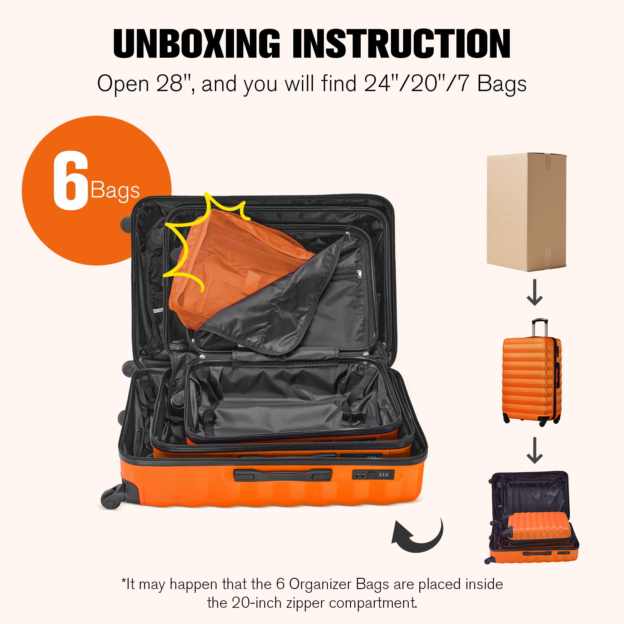 9 Piece Luggage Sets, Hard 20 24 28 inch Luggage with 6 Pieces Organize Bags Travel Suitcases Sets with Wheels, Orange