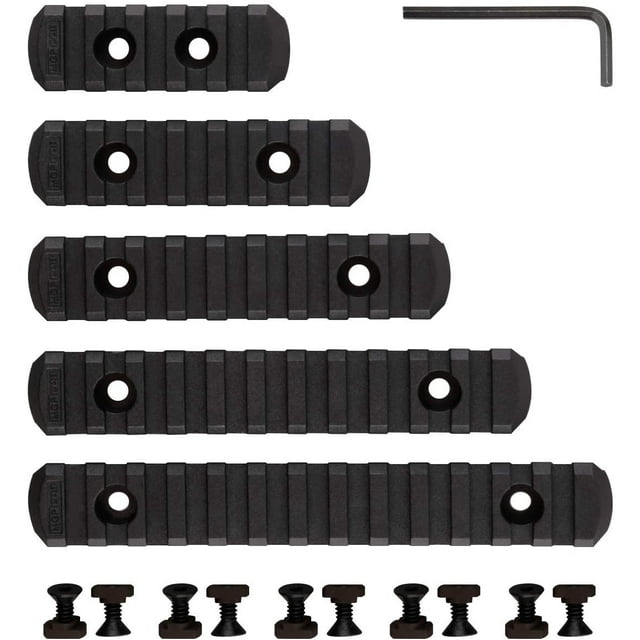 Paquete de 5 rieles Picatinny de polímero, 5 ranuras, 7 ranuras, 9 ranuras, 11 ranuras, 13 ranuras Accesorios con 10 tuercas en T, 10 tornillos y 1 llave - Negro ER
