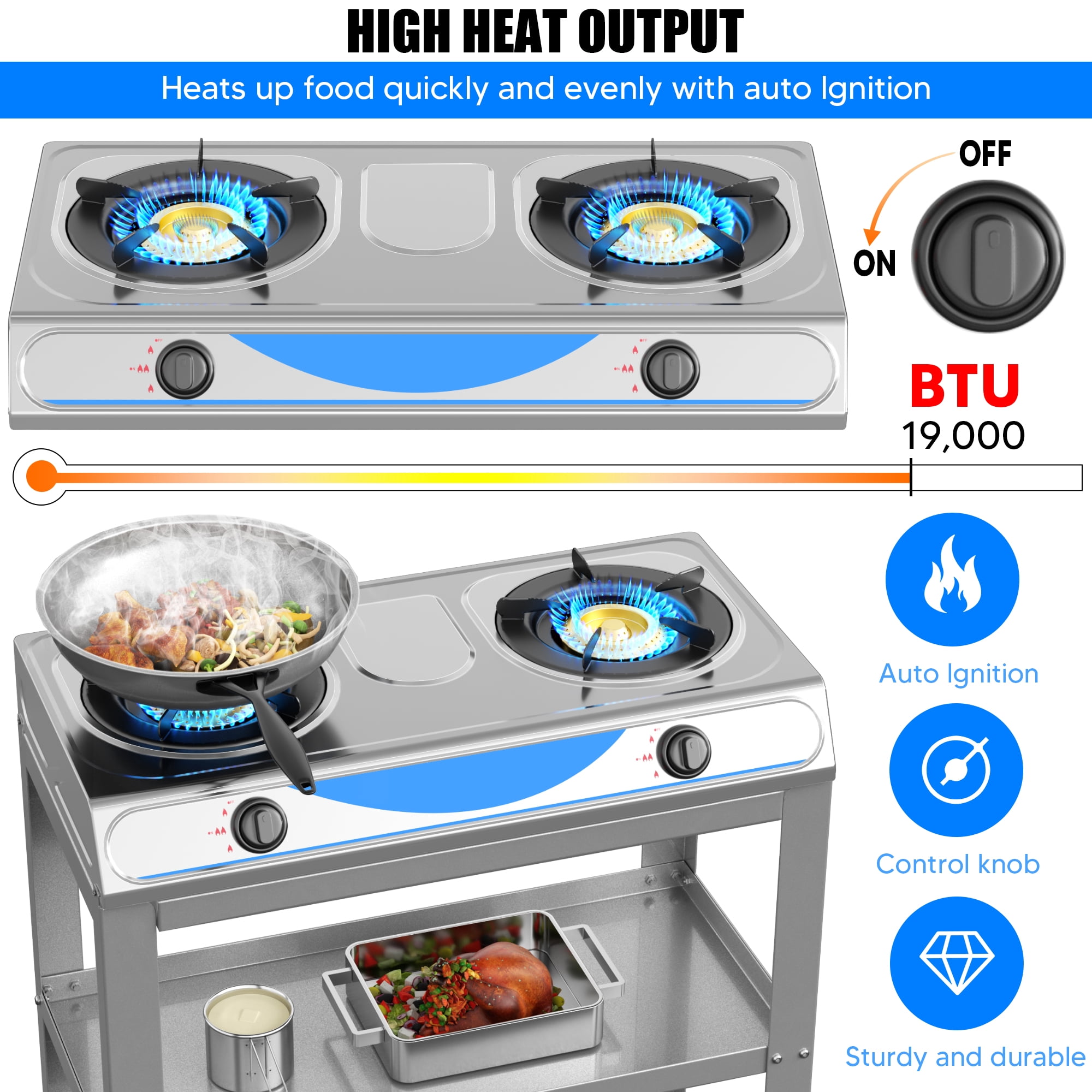 Propane Gas Stove,2 Burner Propane Burner, with Removable Leg,Auto Ignition Camping Stove,Portable Gas Stove for RV, Apartment, Outdoor