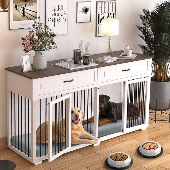 Large White Dog Crate with Removable Irons, XXL Size, Indestructible, Two Rooms Design, 72.4" x 22.4" x 34.1"