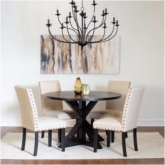 5-Piece Round Dining Set with Cross-Back Table & 4 Upholstered Chairs, Black Wood Finish