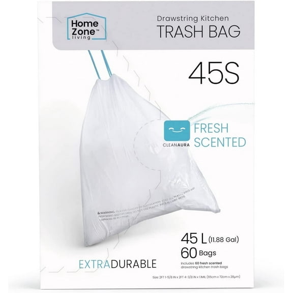 Home Zone Living Code 45S Drawstring Kitchen Trash Bags Custom Fit for 12 Gallon Bins, 60-Count
