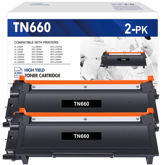 TN660 Black Toner Cartridge Compatible for Brother TN660 TN-660 TN630 TN-630 for HL-L2300D HL-L2305W HL-L2320D HL-L2380DW MFC-L2740DW MFC-L2707DW DCP-L2500D Printer (2-Pack, High Yield)