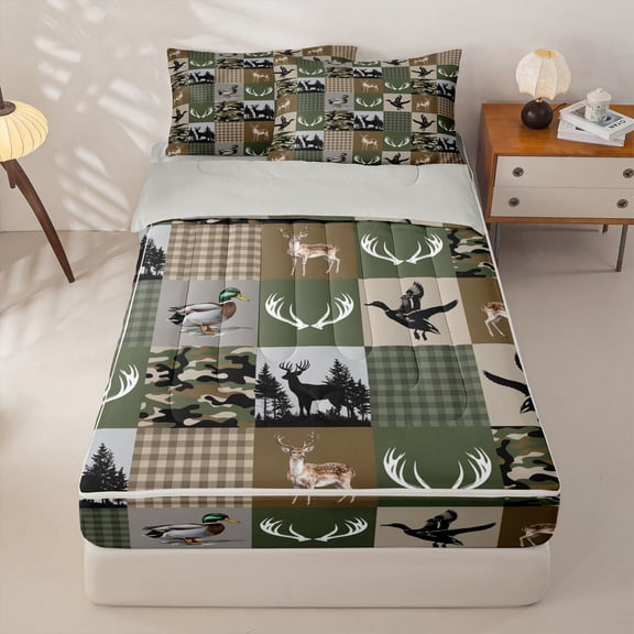 Homewish Mallard Duck Zipper Twin Comforter Sets with Fitted Sheet and 2 Pillowcases,Jungle Animals Deer Zipper Bedding Set For Boys Kids,Reversible,4 Pieces