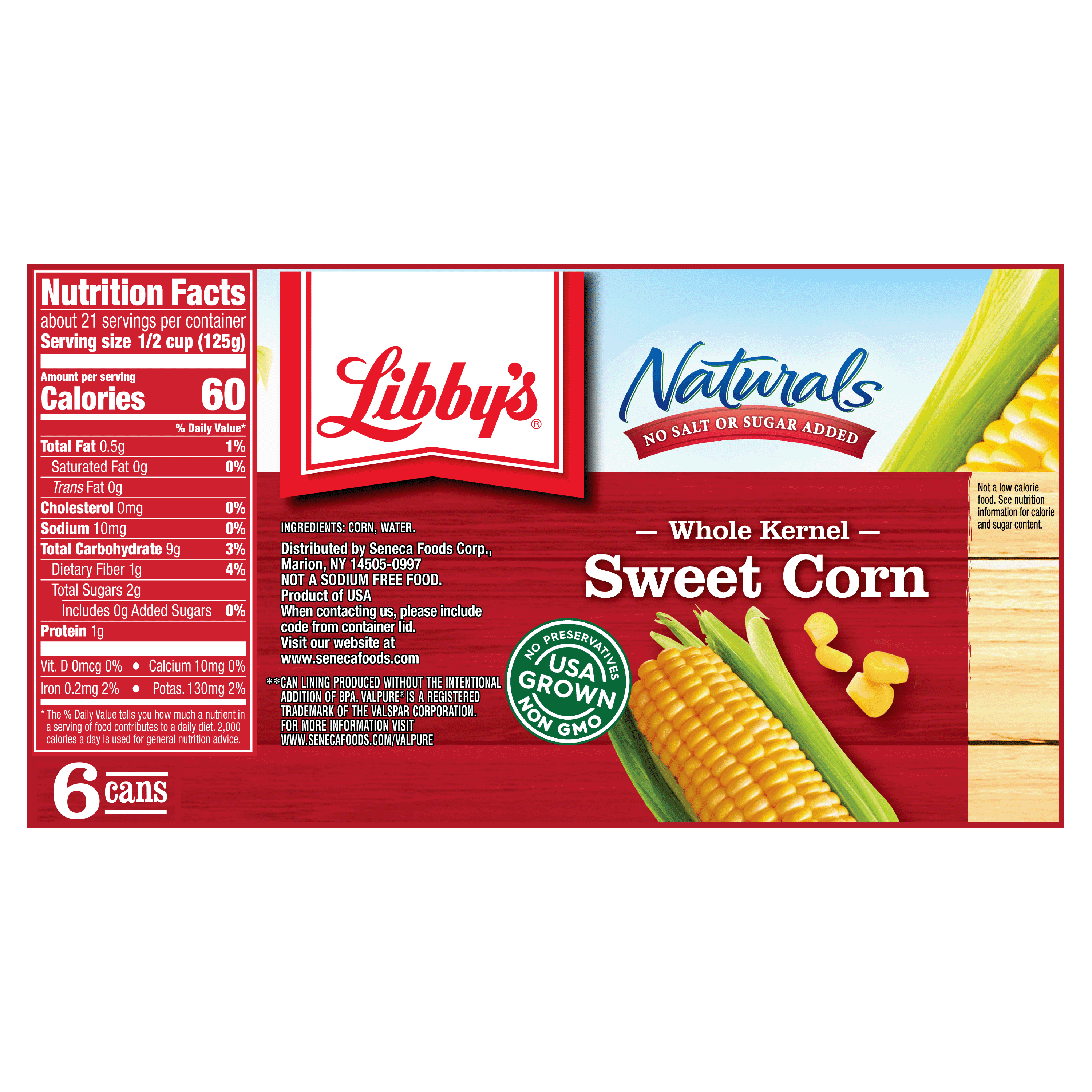 (6 Cans) Libby's Naturals Whole Kernel Corn, No Salt Added, No Sugar Added, 15.25 oz