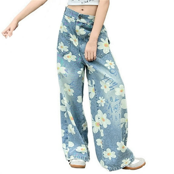 XXWXYD Clearence Girls Jeans Elastic Waist Wide Leg Pants Kids Jeans Girls' Jeans Bootcut Cute Floral Stretch High Waist Flare Casual Denim Pants with Pocket 4-14 Years