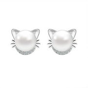 GeweYeeli Women Adorable Cat Rhinestone Studs Earrings Shiny Crystal White Pearl Girls Stud Earrings