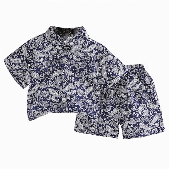 Baby Boy Outfits Set Toddler Boys Summer Vacation Clothes Loose Button-Down Top and Print Shorts Set 2 Piece