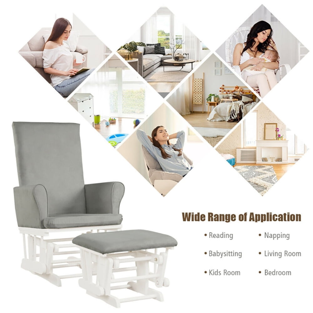 Finihen Upholstered Glider and Nursing Ottoman, Comfort Rocking Nursery Chair with Ottoman, Baby Nursery Relax Rocker Rocking Chair Glider and Ottoman Cushion Set, Gray