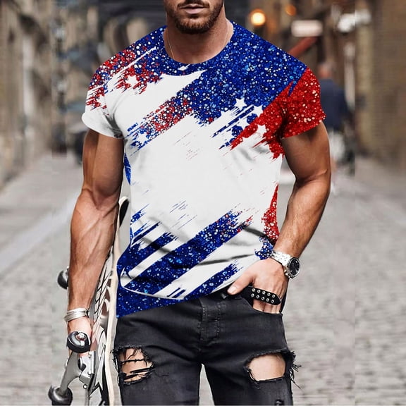 Xdegoge 4th of July Patriotic American Flag T Shirt for Men Short Sleeve Crewneck USA Graphic Tee Casual Loose Fit Summer Holiday Party Patriotic Fireworks Shirts Tops