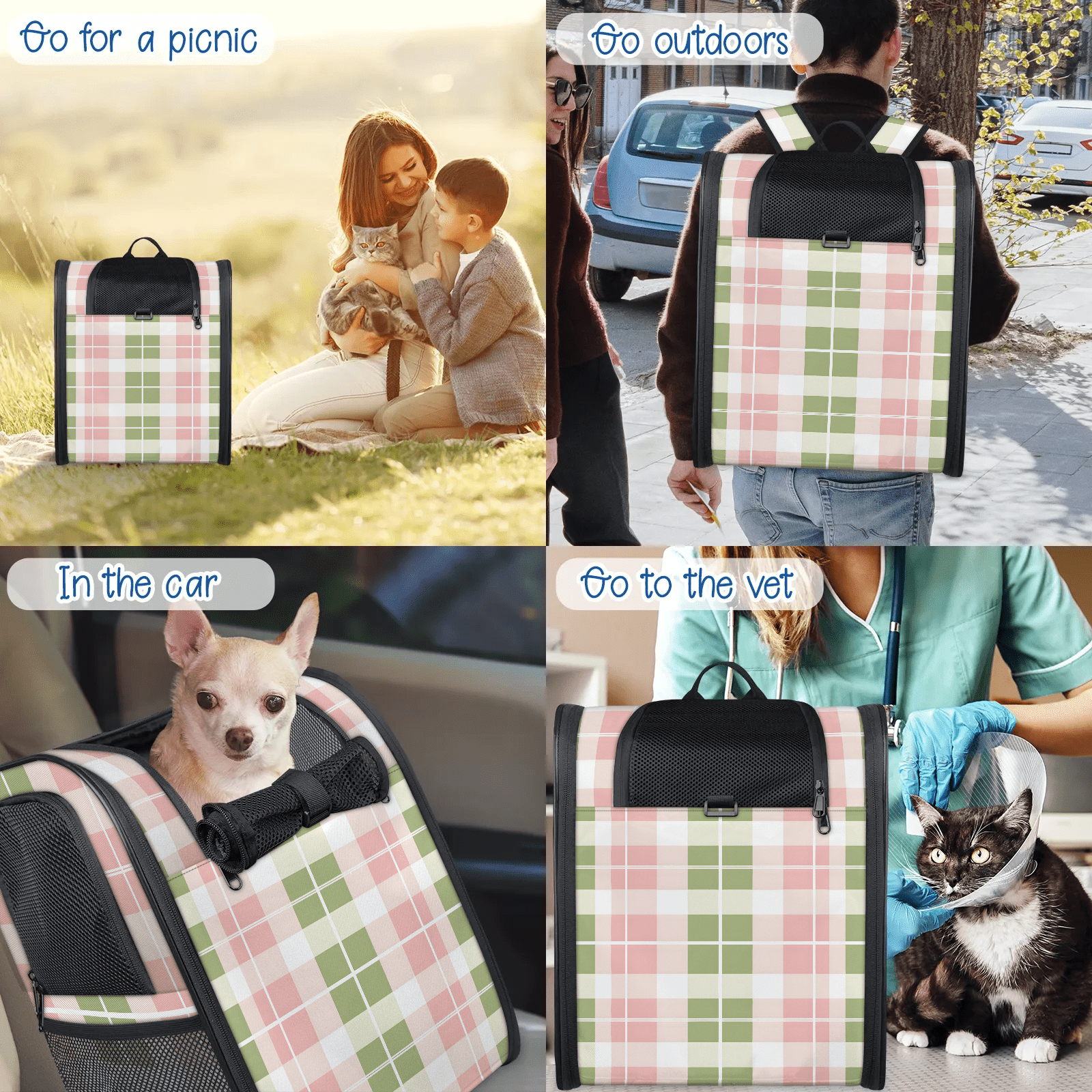 Cat Backpack Carrier, Breathable Pet Carrier Backpack for Small Animals,Pink Green Plaid, for Outdoors,Travel, Hiking