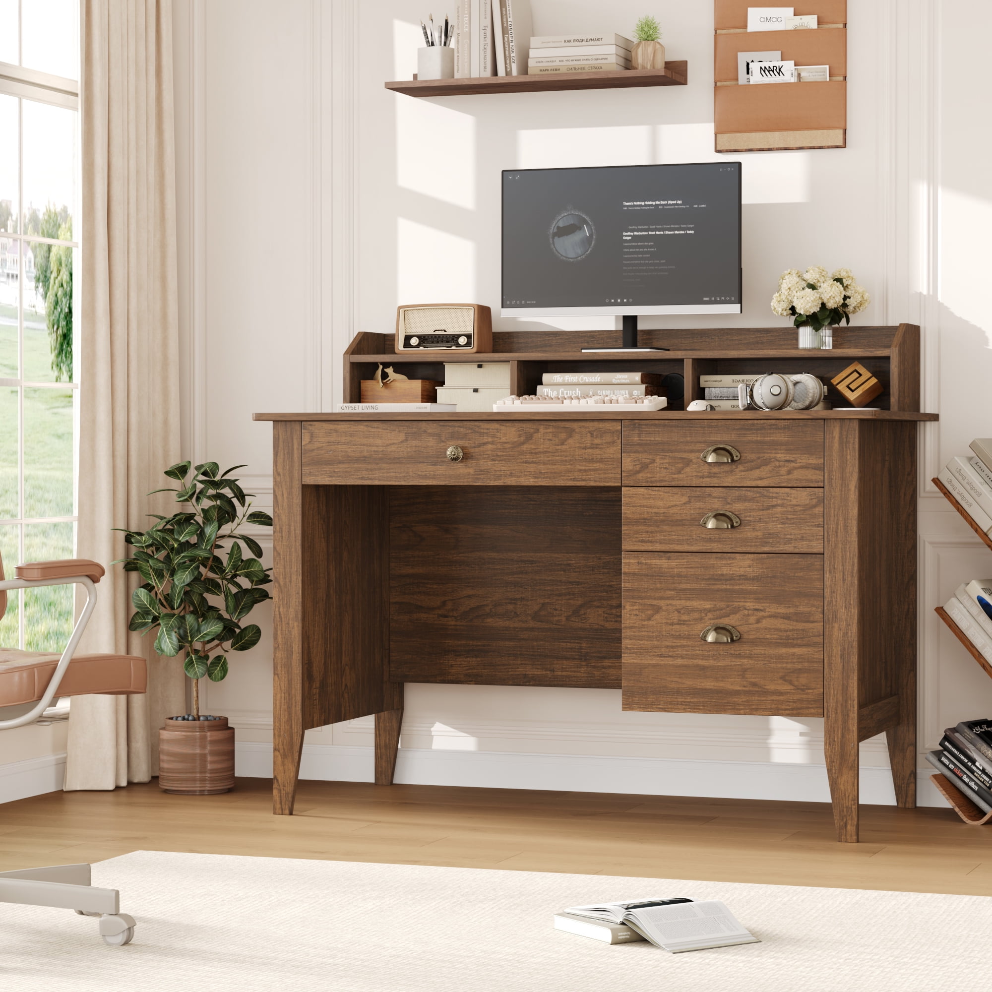Homfa 47 in Computer Desk, Home Office Writing Table with 4 Drawers & Hutch Shelf, Rustic Brown