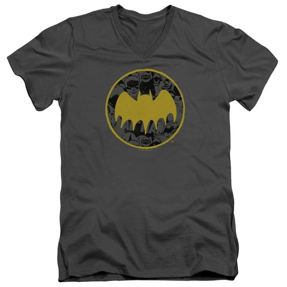 Batman Vintage Symbol Collage S/S Adult V-Neck T-Shirt 30/1 T-Shirt-Charcoal