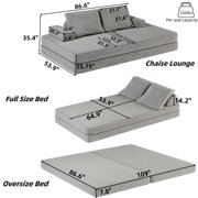 King Size Futon Sofa Bed, Boneless Foldable Couch Bed, Fuffy Chenille Fabric Sofa, Chaise Lounge, Multi-Functional DIY Modern Upholstered Deep Seat Couch for Living Room & Office(Light Grey)