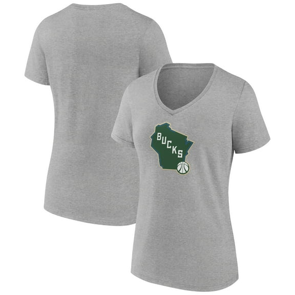 Women's Heather Gray Milwaukee Bucks Alternate Logo V-Neck T-Shirt