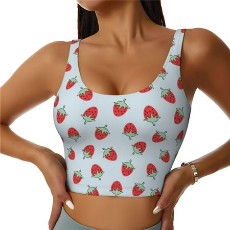 Jgfou Hand Drawn Strawberry Print Womens Sports Bra - Padded Workout Sports Bras Crop Tank Top