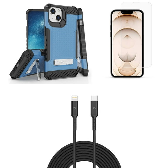 Bemz iPhone 13 Bundle: Tri Shield Shockproof Armor Rugged Case (Blue), Premium Glass Screen Protectors (2-Pack), USB-C to Lightning Cable (3.3ft/1m)