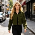 thumbnail image 4 of CBASIHI Womens Cropped Corduroy Jackets- Casual Vintage Lightweight Classic Collar Long Sleeve Loose Fit Button Down Shackets Army Green Size S, 4 of 8