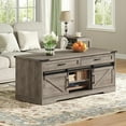 thumbnail image 3 of 47" Farmhouse Coffee Table with Storage and 2 Drawers, Large Rustic Center Table with Sliding Barn Doors & Open Compartments, Wooden Coffee Table for Living Room, Greige, 3 of 16