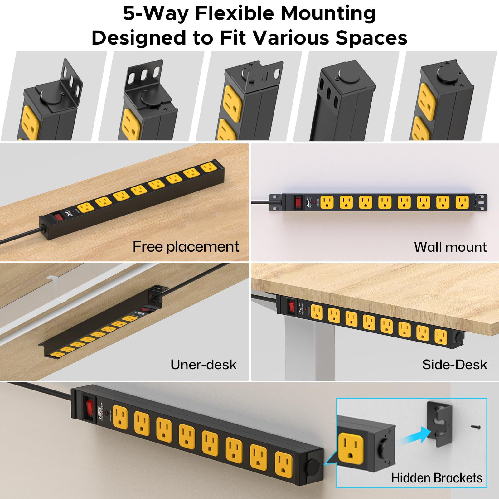 CRST Mountable Long Power Strip, 8-Outlet 2100 Joules Heavy Duty Surge Protector, Slim Metal Power Bar with 6ft 14AWG Cord for Wall Mount, Under Desk, Garage, Workshop, and Office, ETL Listed