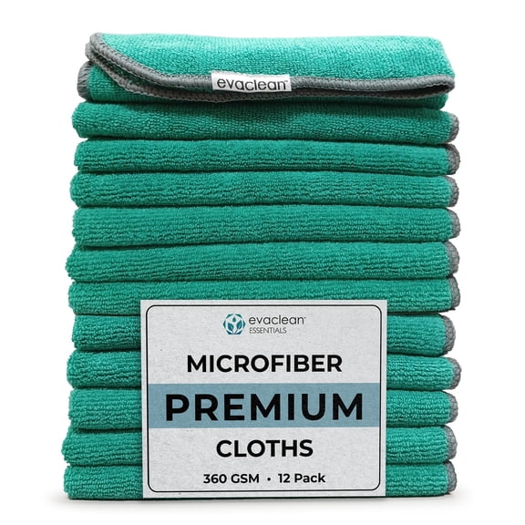 EvaClean Premium Microfiber Cleaning Cloths 16”x16” (Green) - Reusable, Washable, Non-Scratch Towels for Cleaning, Dusting, Polishing, 12-Pack