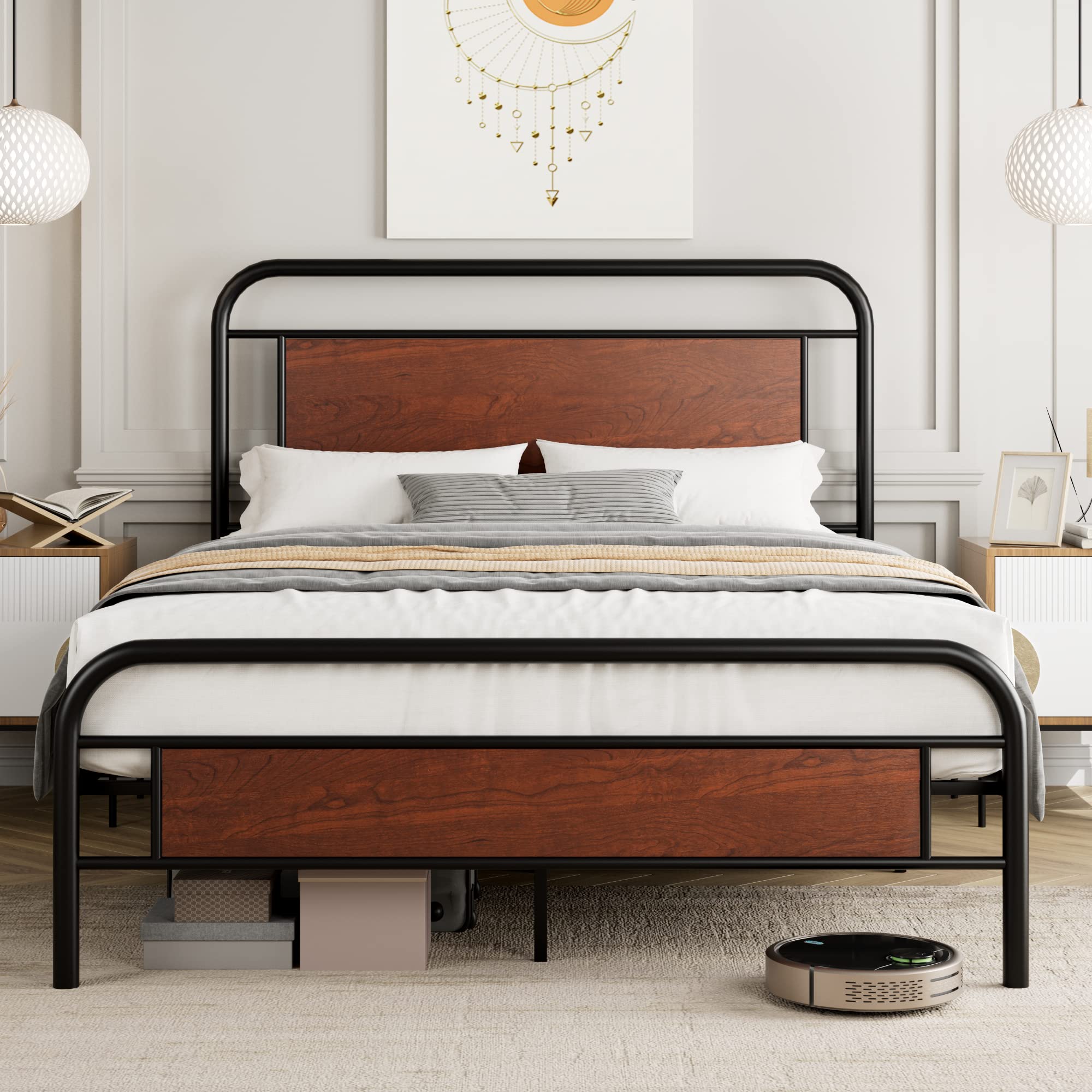 Bed Frame with Wooden Headboard, High Duty Metal Platform Bed with