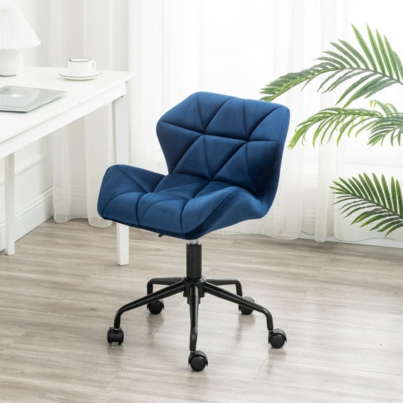 Lisonu Eldon Tufted Velvet Office Chair, Modern Glam Swivel Desk Chair with Adjustable Height, Armless Rolling Vanity Chair, Blue