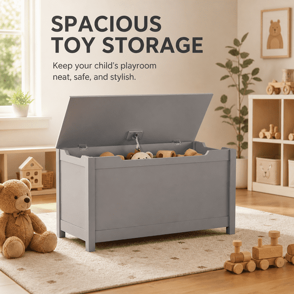 Kids Wooden Toy Box Storage Chest with Safety Hinged Lid, Gray MDF Toy Organizer for Playroom and Bedroom, Ages 2