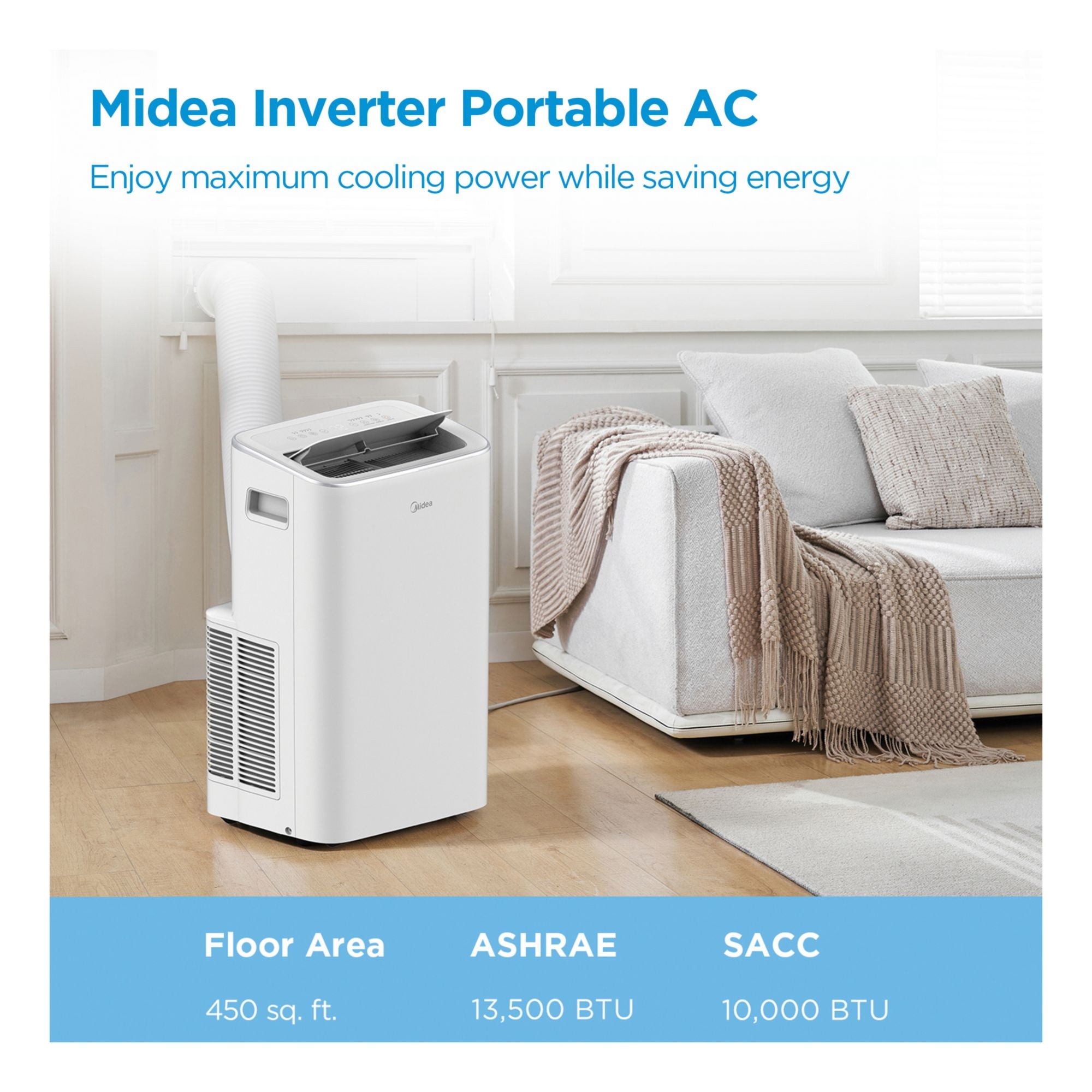 Midea 10,000 BTU Portable Air Conditioner, Smart Inverter, 3-In-1 Ventilate, Dehumidifier, Cool, Comfortsense Remote, White, MAP10V1JWT-B