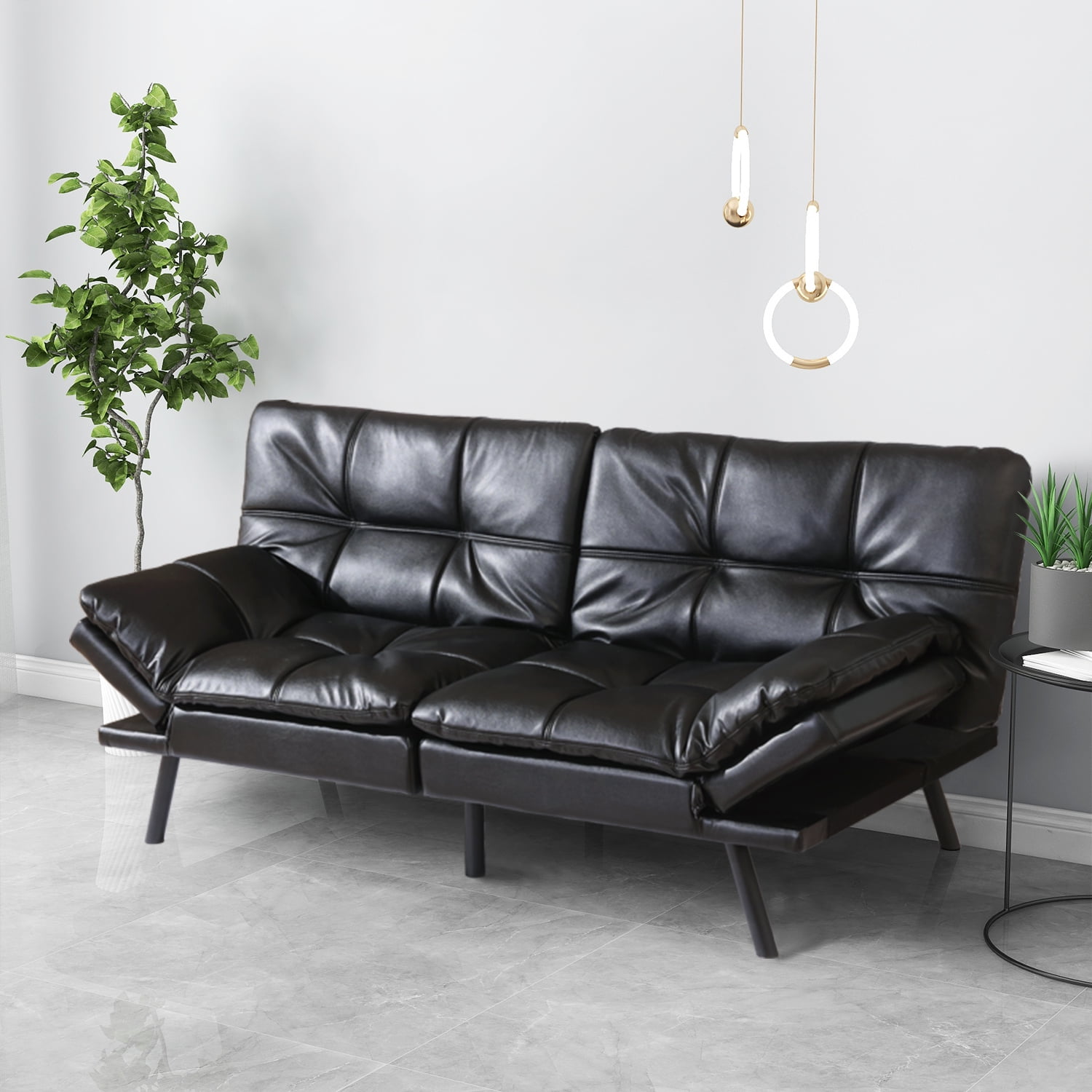 Contemporary Black Faux Leather Convertible Memory Foam Futon Sleeper Sofa NEW 
