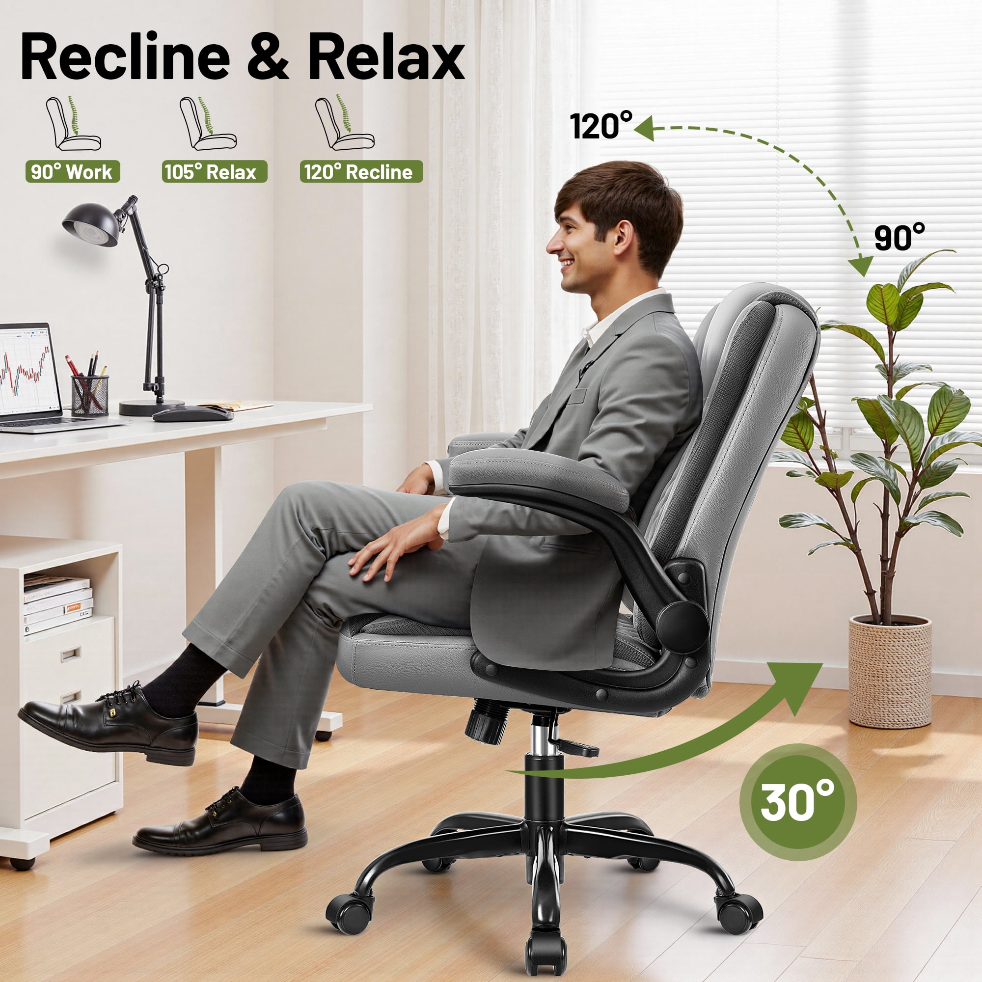 ATHOPE Leather Office Chair, 400lbs Ergonomic Desk Chairs with Back Support, Computer Chair with Wheels and Adjustable Armrest for Home Office, 360°Swivel Free, Gray