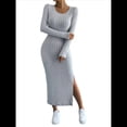 thumbnail image 3 of Vestidos Largos de Otoño para Mujer, de Larga, Informales, de Punto Acanalado, Ajustados, Elegantes, con Cuello Redondo y Abertura Lateral Gris XS, 3 of 10