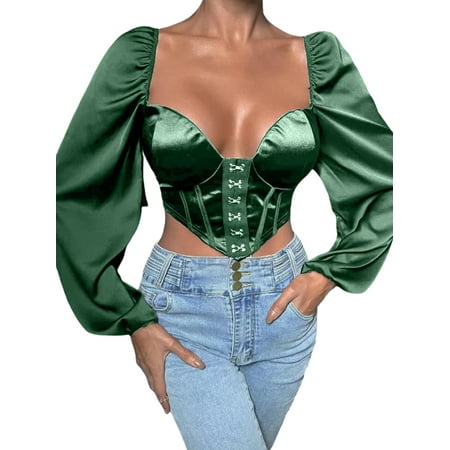 

Womens Elegant Crop Top Satin Bustier Lantern Long Sleeve Sweetheart Neck Bodycon Push Up Blouse Clubwear