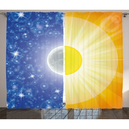 Apartment Decor Curtains 2 Panels Set, Split Design with Stars in the Sky and Sun Beams Light Solar Balance Image, Window Drapes for Living Room Bedroom, 108W X 90L Inches, Blue Yellow, by