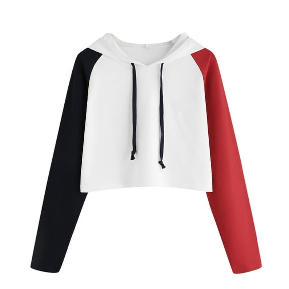Women's Color Block Hoodies Long Sleeve Oversized Crop Hooded Sweatshirts Drawstring Loose Fashion Y2K Pullover Tops