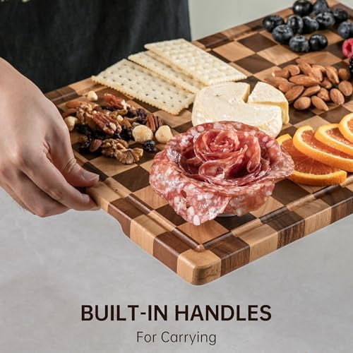 Checkerboard Cutting Board, Wooden Cutting Boards for Kitchen, End Grain Wood Cutting Board with Juice Groove, Serving Tray for Meat, Vegetables, Fruits, Bread, Cheese, 14" X 11" X 0.8"