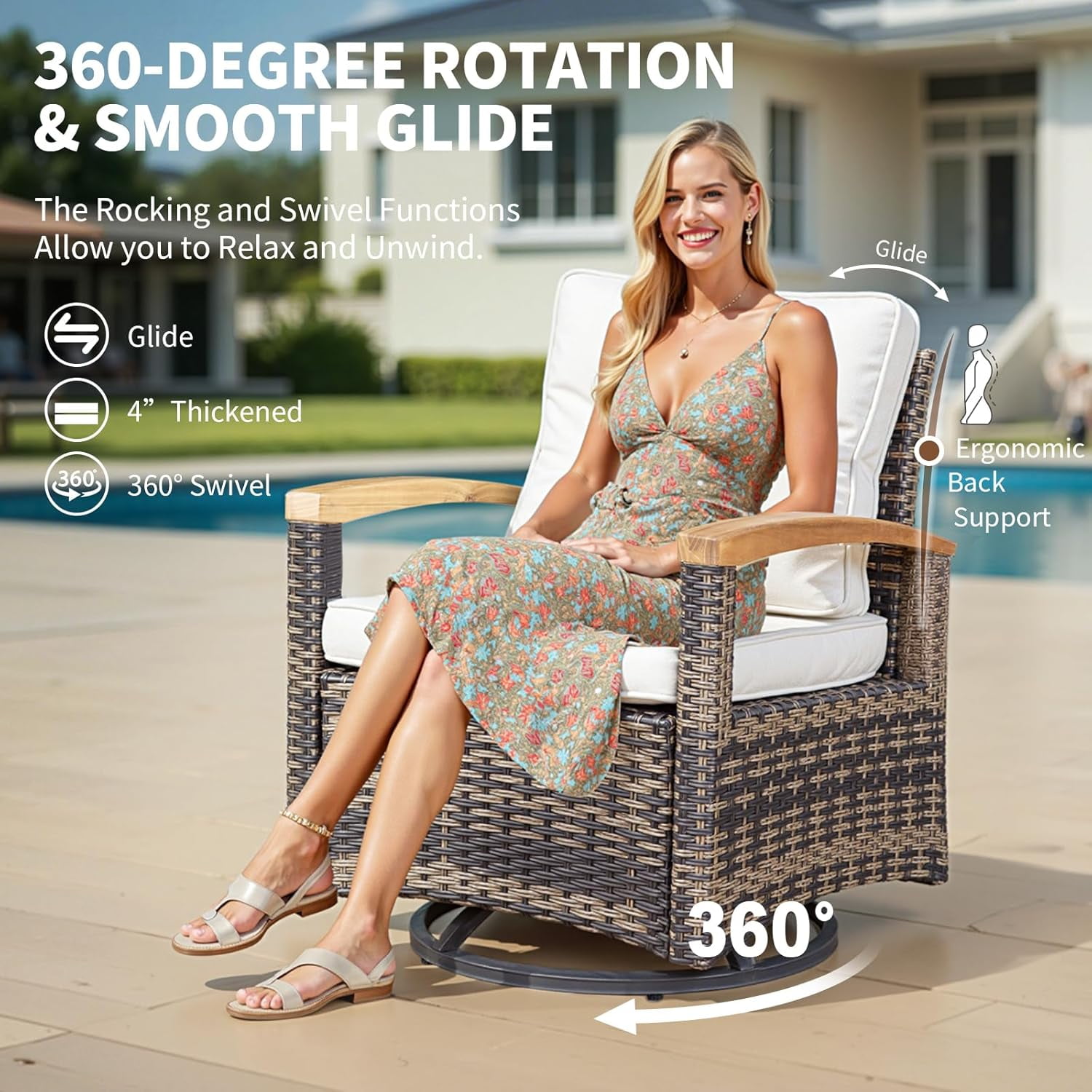 MEISSALIVVE 8 Pieces Outdoor Patio Furniture Sets, Wicker Patio Conversation Sets with 2 Wood Armrests Swivel Glide Chairs,2 Single Chairs, 3-seat Sofa and Coffee Table(Beige)