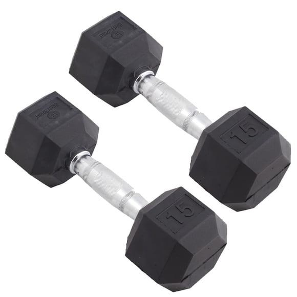 Par de mancuernas hexagonales de goma Body Sport de 15 lb con agarre cromado
