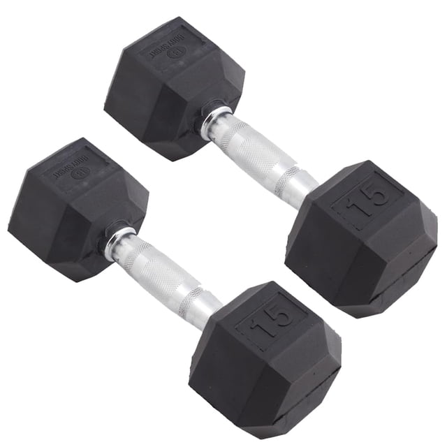 Par de mancuernas hexagonales de goma Body Sport de 15 lb con agarre cromado