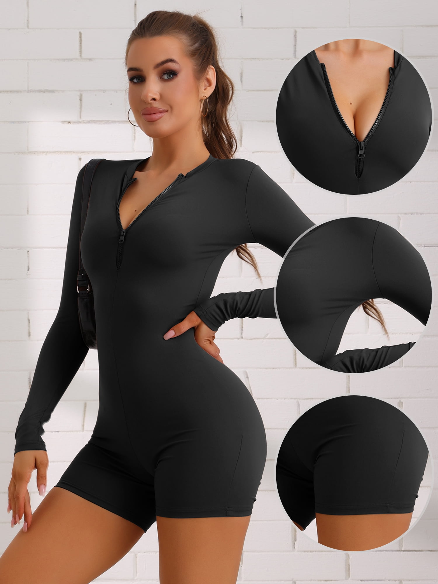 Unique Bargains Women's Front Zipper One Piece Tummy Control Bodysuit Large Black