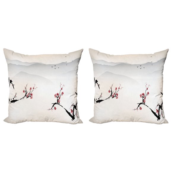 Ambesonne Nature Throw Pillow Cover 2 Pack, Sakura Flower and Gulls, 20", Beige Red Black