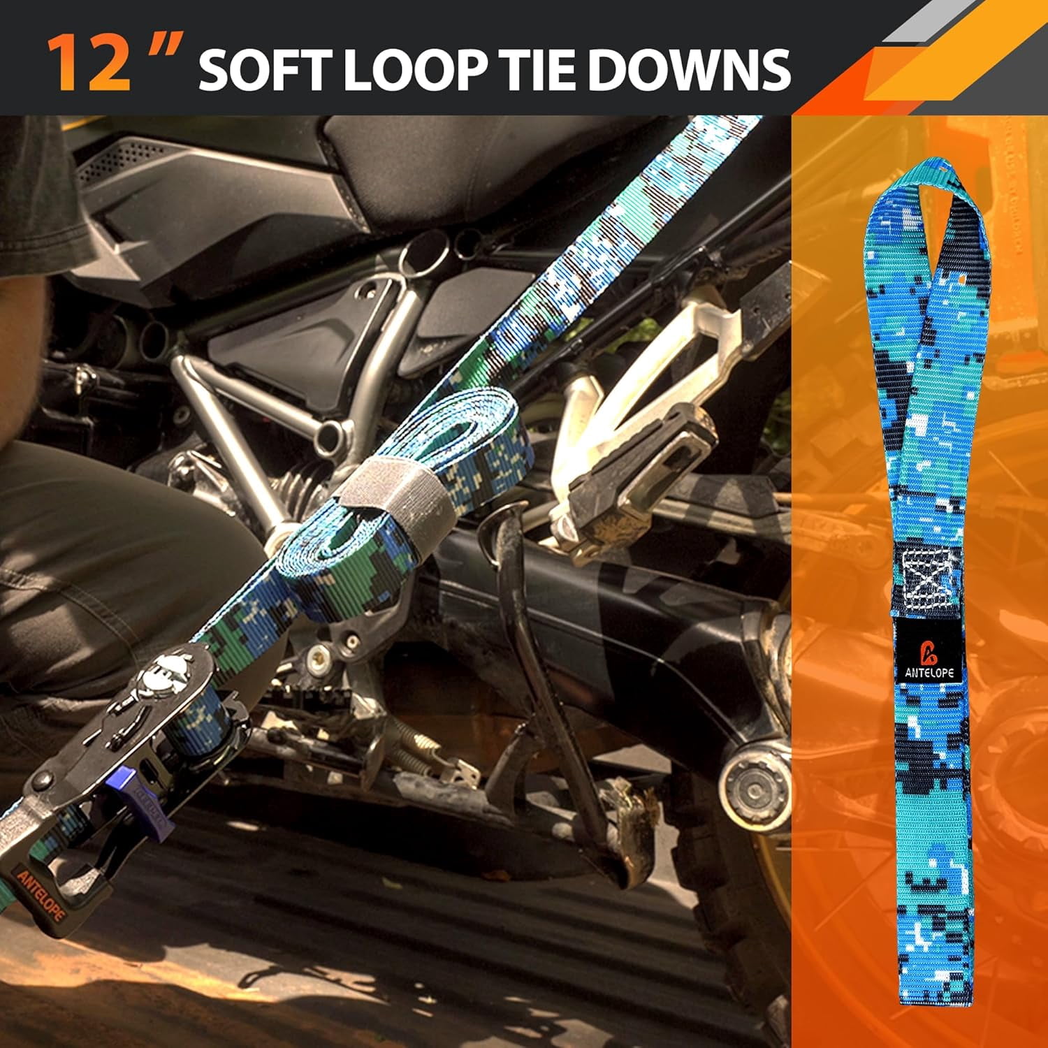 A ANTELOPE 4-Pack 15' Ratchet Tie-Down Straps, 2100LBS Break Strength, Rubber Handles & Coated Safety Lock S-Hooks, Includes 2 Bungee Cords for Truck, Motorcycle Cargo Securing, Camo