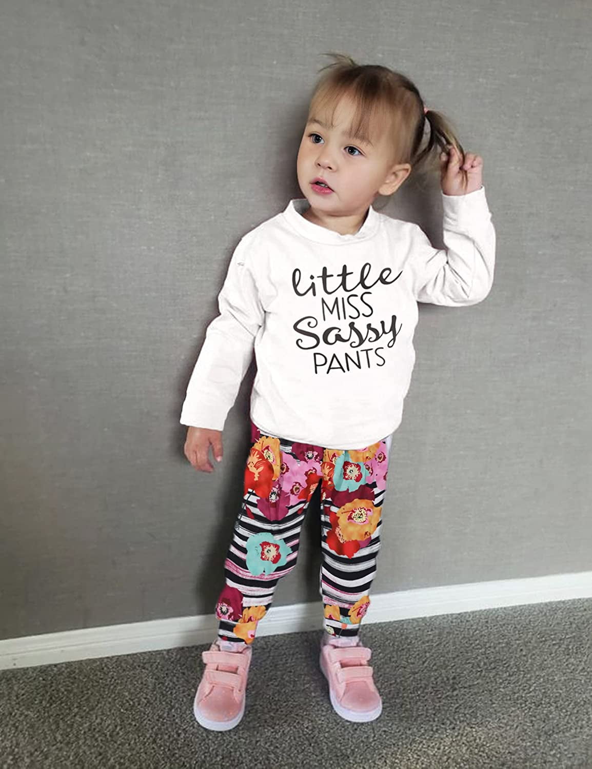 Toddler Baby Girl Clothes Letter Pattern Tops Floral Pants with Headband Outfit Set 12-18 Months