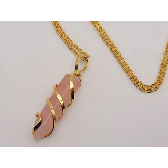 Rose Quartz Handmade Point Wire Wrapped Golden Necklace Hexagon Chain