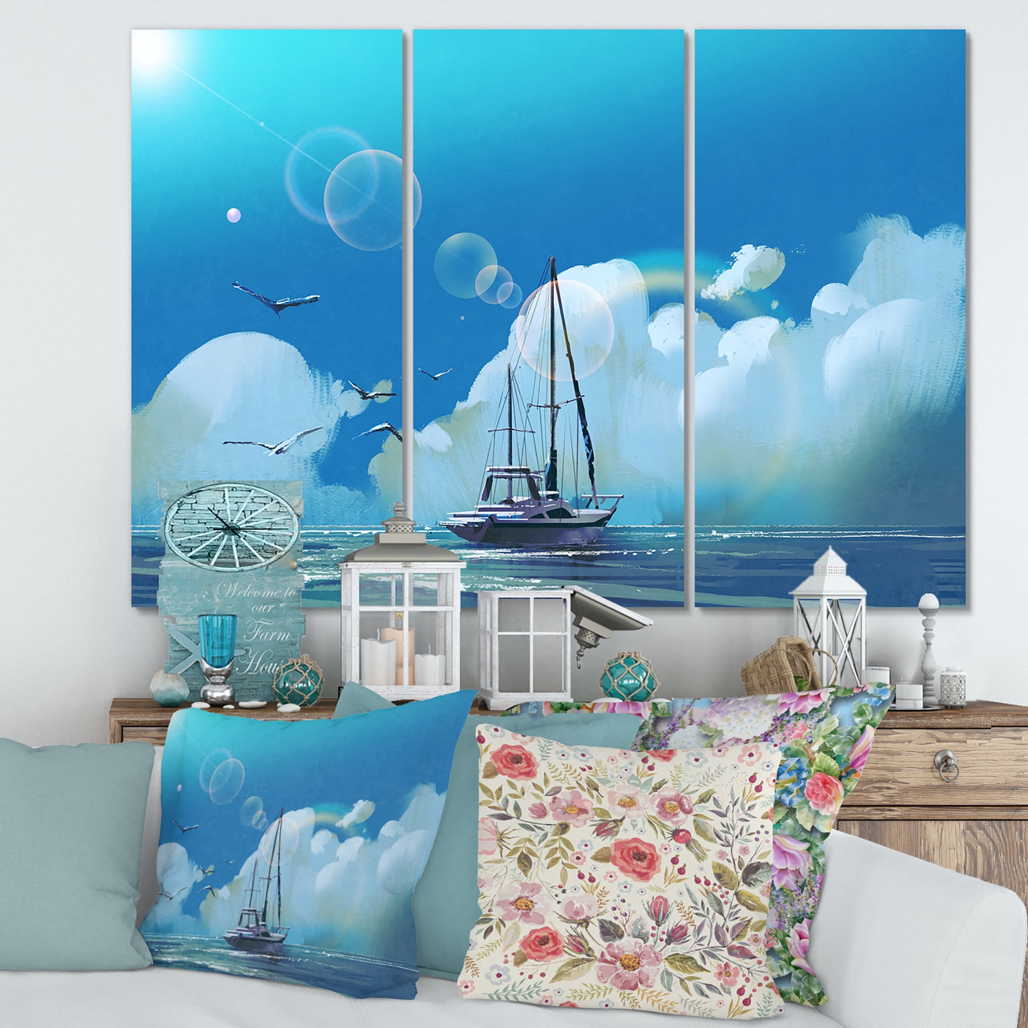 Designart ' The Sailboat On The Blue Sea Against Summer Clouds Sky ' Nautical & Coastal Canvas Wall Art Print