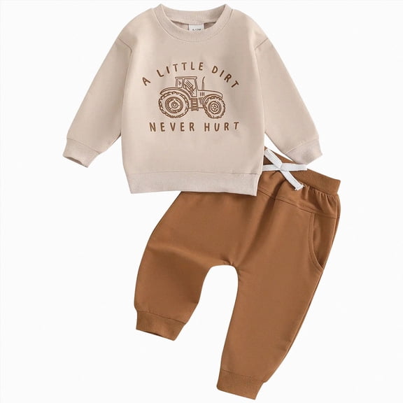 NOLDARES Kids Toddler Outfits 2Pcs Long Sleeve Graphic Round Neck Sweatshirt Sweatpants Casual Fall Winter Clothes Set Size:6-12 M,Beige