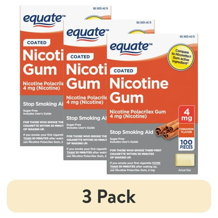(3 pack) Equate Nicotine Polacrilex Coated Gum 4 mg, Cinnamon Flavor, Stop Smoking Aid, 100 Count