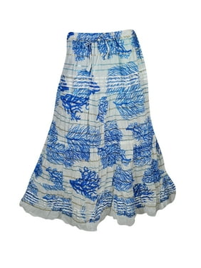 Mogul Women's Blue White Printed Cotton Long Skirt Beach Summer Boho Chic Maxi Skirts