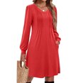 thumbnail image 5 of Women's Solid Color Casual Fashion V-Neck Long Sleeve Mid Length Dress for Spring and Autumn Everyday Wear,Red,XL, 5 of 5